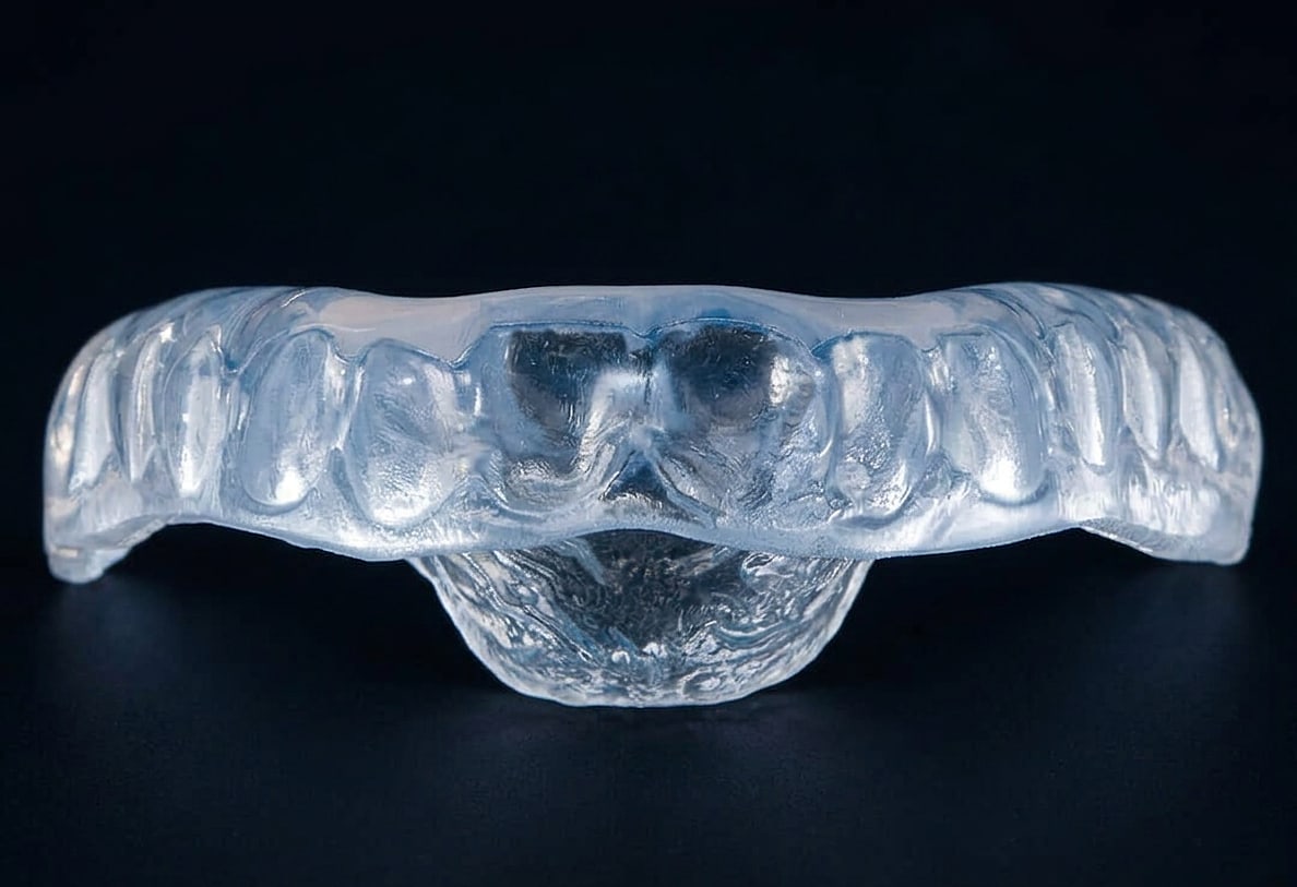 Transparente Schnarch-Therapieschiene auf dunklem Grund